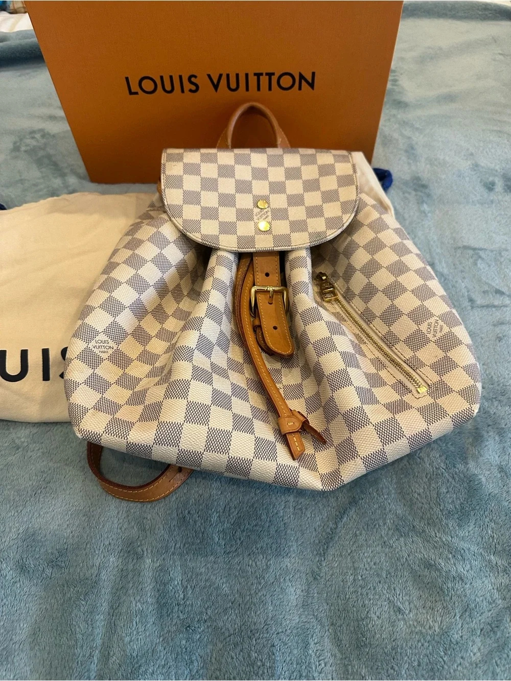 Louis Vuitton Damier Azur Check Canvas Backpack with Tan Leather Trim